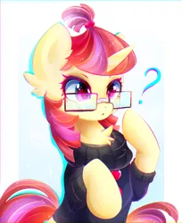 Size: 1722x2108 | Tagged: safe, artist:koveliana, derpibooru import, moondancer, pony, adorkable, bipedal, chest fluff, chromatic aberration, color porn, cute, dancerbetes, dork, glasses, question mark, solo