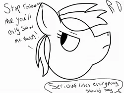 Size: 2048x1536 | Tagged: artist:paper pony artwork, artist:rihanna bell pepper, derpibooru import, looking back, monochrome, quote, rainbow dash, safe, serious, text