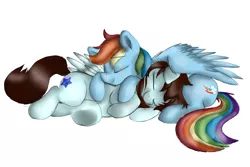 Size: 4500x3000 | Tagged: safe, artist:anonymous, artist:dimfann, derpibooru import, rainbow dash, oc, oc:linormusicbeat, pegasus, pony, cuddling, cute, dashabetes, female, hug, mare, resting, simple background, sleeping, snuggling, white background