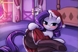 Size: 1125x750 | Tagged: suggestive, alternate version, artist:lumineko, derpibooru import, rarity, sweetie belle, pony, unicorn, blushing, christmas, clothes, dock, explicit source, female, female focus, hat, holiday, merry hoofmas, pantyhose, patreon, patreon logo, plot, santa hat, snow, snowfall, socks, solo focus, stockings, underhoof