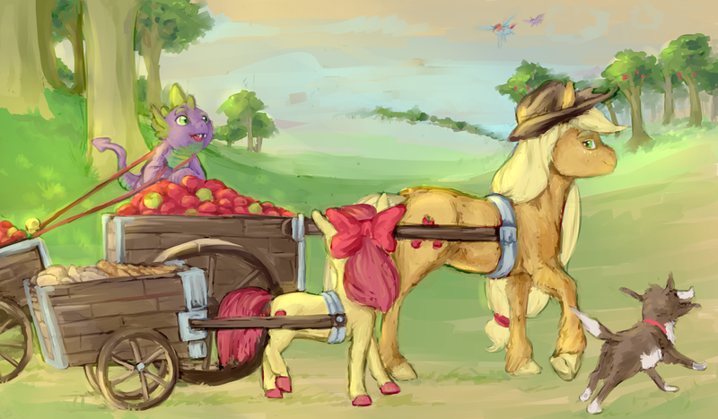 Size: 4000x2335 | Tagged: safe, artist:cuttledreams, derpibooru import, apple bloom, applejack, rainbow dash, spike, twilight sparkle, twilight sparkle (alicorn), winona, alicorn, pony, apple, female, food, mare, unshorn fetlocks