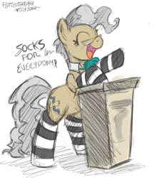 Size: 1440x1669 | Tagged: safe, artist:flutterthrash, derpibooru import, mayor mare, pony, 30 minute art challenge, bipedal, clothes, cute, dialogue, eyes closed, happy, open mouth, podium, simple background, smiling, socks, solo, striped socks, white background