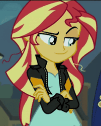 Size: 216x268 | Tagged: safe, derpibooru import, edit, edited screencap, screencap, sunset shimmer, equestria girls, animated, caption, deal with it, dreamworks face, female, image macro, meme, reaction image, shit eating grin, smiling, smugset shimmer, solo, sunglasses, text