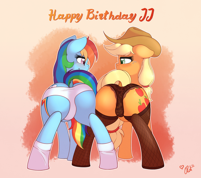 Size: 2700x2395 | Tagged: suggestive, artist:ratofdrawn, derpibooru import, applejack, rainbow dash, pony, appledash, blushing, butt bump, butt to butt, butt touch, clothes, dock, duo, explicit source, eye contact, female, fishnets, freckles, hat, lesbian, looking at each other, mare, panties, plot, plot pair, raised tail, shipping, smiling, socks, tail, underwear