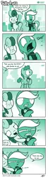 Size: 635x2348 | Tagged: safe, artist:dori-to, derpibooru import, bon bon, lyra heartstrings, sweetie drops, earth pony, pony, unicorn, comic:silly lyra, angry, clothes, comic, convention, female, gradient background, greenscale, mare, monochrome, plushie, saddle bag, shirt, silly lyra, there can be only one