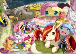 Size: 1040x744 | Tagged: safe, artist:chikasa koishi, derpibooru import, apple bloom, diamond tiara, discord, fluttershy, pinkie pie, scootaloo, silver spoon, sweetie belle, oc, oc:poniko, oc:rokuchan, draconequus, earth pony, pegasus, pony, unicorn, blushing, cutie mark crusaders, eyes closed, female, filly, flower, food, glasses, japan ponycon, looking at each other, looking at you, male, mare, mochi, open mouth, origami, pixiv, prone, sitting, smiling, sweat, sweatdrop, tongue out