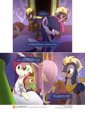 Size: 3541x5016 | Tagged: safe, artist:gashiboka, derpibooru import, doctor whooves, fluttershy, roseluck, time turner, twilight sparkle, twilight sparkle (alicorn), oc, oc:silent dash, alicorn, pony, comic:recall the time of no return, comic, female, mare, patreon, patreon logo