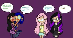 Size: 925x483 | Tagged: artist:obeliskgirljohanny, blushing, cleavage, derpibooru import, female, fluttershy, human, humanized, kiss mark, lipstick fetish, oc, oc:goth angel, oc:hovis, oc:scarla, safe, speechless