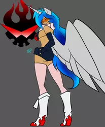 Size: 1280x1547 | Tagged: alicorn, alicorn humanization, alicorn oc, artist:burningsnowflakeproductions, ass, booty shorts, bra, breasts, clothes, cosplay, costume, crossover, derpibooru import, eared humanization, female, high heel boots, horned humanization, human, humanized, humanized oc, italian, long hair, oc, oc:lyoko hope, sexy, solo, solo female, suggestive, tengen toppa gurren lagann, underwear, unofficial characters only, winged humanization, yoko littner