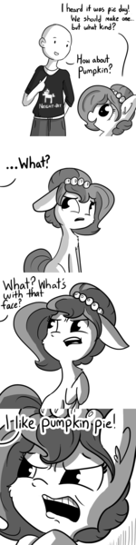 Size: 792x3168 | Tagged: safe, artist:tjpones, derpibooru import, oc, oc:brownie bun, oc:richard, unofficial characters only, earth pony, human, pony, horse wife, comic, disgusted, faic, grayscale, monochrome, pi day, pumpkin pie, slice of life, this will end in divorce