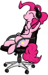 Size: 725x1140 | Tagged: safe, artist:inudewaruika, derpibooru import, pinkie pie, earth pony, pony, chair, eyes closed, female, headphones, mare, recliner, relaxing, simple background, sitting, solo, transparent background