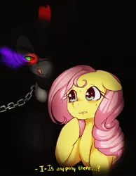 Size: 787x1014 | Tagged: artist needed, safe, derpibooru import, fluttershy, king sombra, anxiety, chains, dark, female, licking, licking lips, male, meeting, nervous, scared, shipping, sombrashy, straight, tongue out