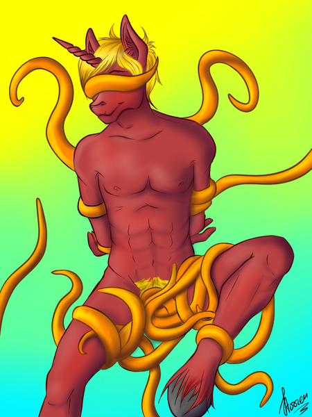 Size: 1200x1600 | Tagged: questionable, artist:stirren, derpibooru import, oc, unofficial characters only, anthro, unicorn, bare chest, belly button, blindfold, male, solo, solo male, stallion, tentacle porn, tentacles, tentacles on male, tied up, unshorn fetlocks, ych result