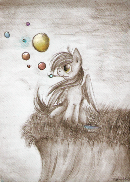 Size: 1138x1590 | Tagged: safe, artist:mufflinka, derpibooru import, derpy hooves, pegasus, pony, blowing bubbles, bubble, female, mare, solo, traditional art