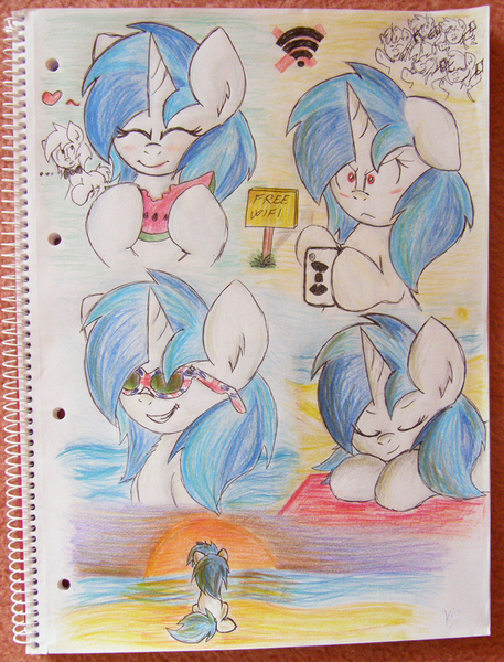 Size: 686x900 | Tagged: artist:kristysk, derpibooru import, eating, food, glasses, safe, sketch, sketch dump, sunset, traditional art, vinyl scratch, watermelon, wi-fi