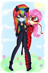 Size: 1259x1920 | Tagged: safe, artist:vixelzf, derpibooru import, fluttershy, rainbow dash, equestria girls, chat noir, clothes, cosplay, costume, crossover, female, flutterdash, lesbian, miraculous ladybug, shipping