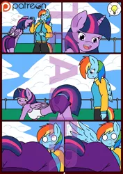 Size: 850x1200 | Tagged: suggestive, artist:linedraweer, derpibooru import, rainbow dash, twilight sparkle, twilight sparkle (alicorn), anthro, comic:your time in my hands, all fours, ass up, blood, comic, face down ass up, female, image, jpeg, ladyboner, lesbian, nosebleed, patreon, patreon logo, patreon preview, searching, shipping, stopwatch, teaser, twidash, wingboner