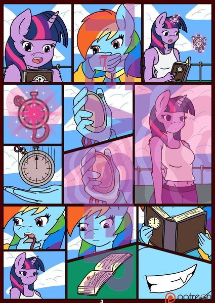 Size: 850x1200 | Tagged: safe, artist:linedraweer, derpibooru import, rainbow dash, twilight sparkle, anthro, comic:your time in my hands, bleeding, blood, book, comic, evil grin, female, grin, lesbian, levitation, magic, mischievous, nosebleed, outdoors, rapeface, reading, repair, repairing, shipping, stopwatch, teaser, telekinesis, time stop, twidash