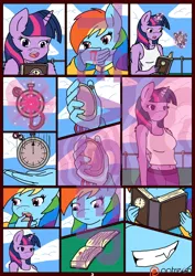 Size: 850x1200 | Tagged: safe, artist:linedraweer, derpibooru import, rainbow dash, twilight sparkle, anthro, comic:your time in my hands, bleeding, blood, book, comic, evil grin, female, grin, lesbian, levitation, magic, mischievous, nosebleed, outdoors, rapeface, reading, repair, repairing, shipping, stopwatch, teaser, telekinesis, time stop, twidash