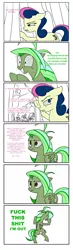 Size: 869x2993 | Tagged: safe, artist:pandan009, derpibooru import, bon bon, sweetie drops, oc, oc:screwpine, earth pony, pegasus, pony, butthurt, comic, cry me a river, female, mare, vulgar