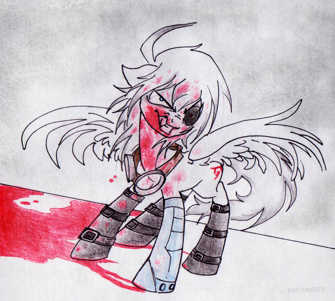 Size: 1612x1451 | Tagged: artist:pandan009, blood, blood on goggles, derpibooru import, goggles, grimdark, oc, oc:distraught, traditional art, unofficial characters only