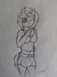 Size: 2448x3264 | Tagged: anthro, artist:fluttair, belt, clothes, derpibooru import, grayscale, looking at you, midriff, monochrome, oc, oc:shiny saphir, safe, sketch, skirt, solo, traditional art, unofficial characters only