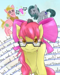 Size: 1200x1500 | Tagged: safe, artist:sasho1223, derpibooru import, apple bloom, big macintosh, marble pie, earth pony, pony, glasses, looking at you, male, marblemac, shipper on deck, shipping, smiling, solo, stallion, straight