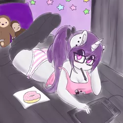 Size: 1280x1280 | Tagged: alternate hairstyle, anthro, anthro oc, artist:wickedsilly, bedroom, blushing, bread, breasts, cleavage, clothes, derpibooru import, donut, drawing tablet, female, food, frilly underwear, glasses, lying down, mouth hold, oc, oc:wicked silly, panties, ribbon, socks, solo, solo female, striped underwear, suggestive, tablet, tanktop, underhoof, underwear, unguligrade anthro, unofficial characters only