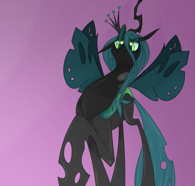 Size: 1024x975 | Tagged: artist:kyuuno-chan, changeling, changeling queen, dead source, derpibooru import, female, green eyes, queen chrysalis, safe, smiling, solo