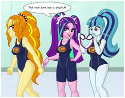 Size: 1824x1440 | Tagged: suggestive, artist:rapps, derpibooru import, adagio dazzle, aria blaze, sonata dusk, equestria girls, breasts, busty adagio dazzle, busty aria blaze, busty sonata dusk, clothes, female, females only, goggles, locker room, lockers, one-piece swimsuit, sideass, swimsuit, the dazzlings, this will end in tears and/or death, wet hair, wondercolts swimsuit