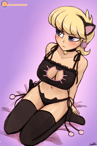 Size: 750x1125 | Tagged: animal ears, artist:lumineko, bell collar, belly button, black underwear, boob window, bra, breasts, busty ms. harshwhinny, cat ears, cat keyhole bra set, cat lingerie, cleavage, clothes, collar, cougar, crop top bra, derpibooru import, female, frilly underwear, human, humanized, kneeling, lingerie, ms. harshwhinny, panties, patreon, patreon logo, side knot underwear, socks, solo, solo female, suggestive, thigh highs, underwear