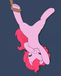 Size: 900x1125 | Tagged: artist:joyfulinsanity, derpibooru import, featureless crotch, hanging, hung upside down, pinkie pie, safe, solo, upside down