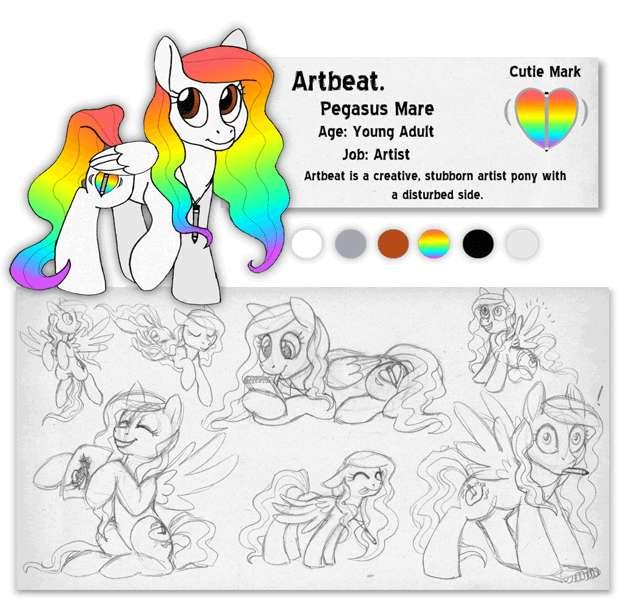 Size: 1035x1001 | Tagged: safe, artist:aisu-isme, derpibooru import, oc, oc:artbeat, unofficial characters only, ask the creepy ponies, animated, drawing, rainbow hair, reference sheet, tongue out