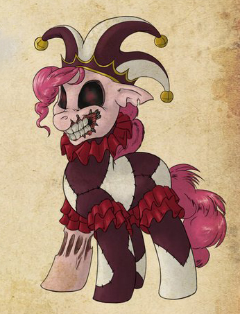 Size: 346x453 | Tagged: artist:pooryorick, derpibooru import, equestria divided, evil clown, grimdark, jester, jester pie, joker, part of a set, pinkie pie, scar, scared, scarred, smiling, solo, stitches