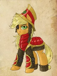 Size: 684x905 | Tagged: applejack, armor, artist:pooryorick, derpibooru import, equestria divided, eyepatch, part of a set, safe, solo