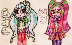 Size: 3126x1958 | Tagged: safe, artist:blazingdazzlingdusk, derpibooru import, aria blaze, sugarcoat, equestria girls, friendship games, rainbow rocks, alternate costumes, drawing, requested art, traditional art