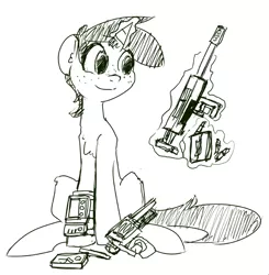 Size: 824x840 | Tagged: safe, artist:inlucidreverie, derpibooru import, oc, oc:littlepip, unofficial characters only, pony, unicorn, fallout equestria, fanfic, black and white, fanfic art, female, freckles, glowing horn, grayscale, gun, horn, levitation, magic, mare, monochrome, pipbuck, reloading, simple background, sitting, sketch, solo, telekinesis, weapon, white background