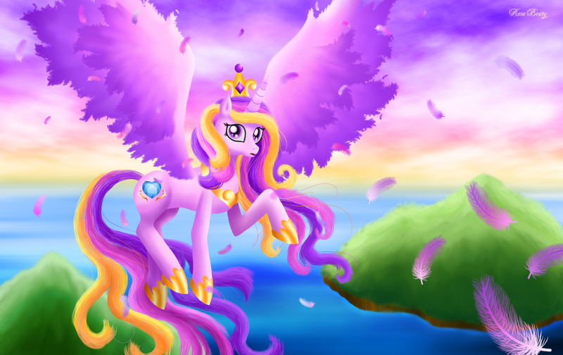 Size: 3716x2343 | Tagged: artist:rose-beuty, derpibooru import, feather, flying, island, princess cadance, safe, solo, water