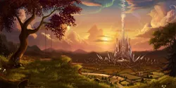Size: 5300x2656 | Tagged: artist:devinian, aurora crystialis, bridge, cloud, crepuscular rays, crystal empire, crystal palace, derpibooru import, edit, flower, forest, grass, log, mountain, no pony, river, road, safe, scenery, scenery porn, source needed, stars, sunset, swing, tree, wallpaper