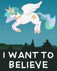 Size: 716x900 | Tagged: safe, artist:heavenhairsixes, derpibooru import, princess celestia, flying, i want to believe, parody, solo, the x files