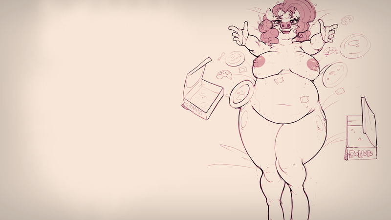 Size: 8892x4999 | Tagged: questionable, artist:kevinsano, derpibooru import, edit, pinkie pie, anthro, absurd resolution, armpits, bedsheets, belly, bread, breasts, busty pinkie pie, chubby, cute, cute porn, donut, effects, fat, female, food, fork, huggle, looking at you, monochrome, nipples, nudity, obese, pig nose, piggie pie, piggy pie, pudgy pie, reaching, solo, solo female, vintage, wallpaper, wallpaper for the fearless, weight gain