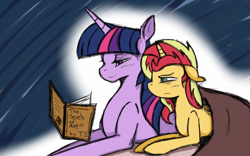 Size: 1024x640 | Tagged: safe, artist:angeltorchic, derpibooru import, sunset shimmer, twilight sparkle, twilight sparkle (alicorn), alicorn, pony, unicorn, blanket, book, cuddling, female, lesbian, prone, reading, shipping, snuggling, sunsetsparkle, unamused