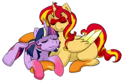 Size: 950x625 | Tagged: dead source, safe, artist:redphyrex, derpibooru import, sunset shimmer, twilight sparkle, ponified, alicorn, pony, equestria girls, friendship games, alicornified, cuddling, daydream shimmer, equestria girls ponified, eyes closed, female, lesbian, prone, race swap, rainbow power, shimmercorn, shipping, snuggling, story in the source, sunsetsparkle