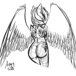 Size: 1000x1000 | Tagged: anthro, artist:angrysod, ass, derpibooru import, grayscale, looking back, monochrome, rainbow dash, rainbutt dash, simple background, smiling, solo, suggestive, white background