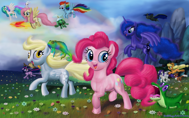 Size: 2250x1406 | Tagged: safe, artist:deathpwny, derpibooru import, angel bunny, applejack, derpy hooves, fluttershy, gummy, opalescence, owlowiscious, peewee, philomena, pinkie pie, princess celestia, princess luna, rainbow dash, rarity, spike, tank, twilight sparkle, winona, bat, chameleon, pegasus, pony, female, mare, pets