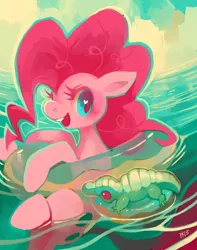 Size: 900x1145 | Tagged: dead source, safe, artist:purplekecleon, derpibooru import, gummy, pinkie pie, earth pony, pony, female, floating, inner tube, mare, open mouth, smiling, water