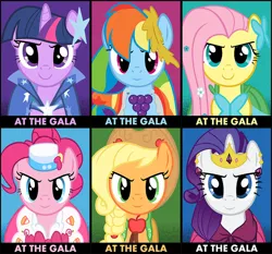 Size: 900x840 | Tagged: safe, artist:alexstrazse, derpibooru import, applejack, fluttershy, pinkie pie, rainbow dash, rarity, twilight sparkle, earth pony, pegasus, pony, unicorn, applejack's hat, at the gala, clothes, cowboy hat, dress, female, gala dress, hat, jewelry, mane six, mare, stetson, tiara, unicorn twilight