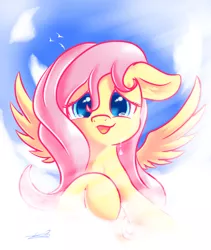 Size: 1024x1212 | Tagged: safe, artist:freeedon, derpibooru import, fluttershy, pegasus, pony, cloud, crying, female, floppy ears, flying, joy, looking at you, mare, open mouth, raised hoof, sky, smiling, solo, spread wings, story in the source, stray strand, tears of joy, teary eyes, wings