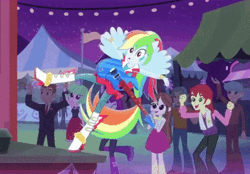 Size: 528x368 | Tagged: safe, derpibooru import, bright idea, drama letter, mystery mint, nolan north, rainbow dash, teddy t. touchdown, velvet sky, watermelody, equestria girls, perfect day for fun, rainbow rocks, :o, animated, balancing, flailing, flapping, gif, image, ponied up, reversed, spread wings, uh-oh, whoa, wide eyes
