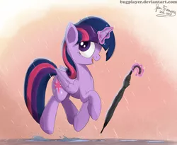 Size: 2200x1800 | Tagged: safe, artist:bugplayer, derpibooru import, twilight sparkle, twilight sparkle (alicorn), alicorn, pony, 2016, bugplayer is trying to murder us, cute, female, magic, mare, open mouth, rain, signature, singin' in the rain, solo, telekinesis, trotting, twiabetes, umbrella